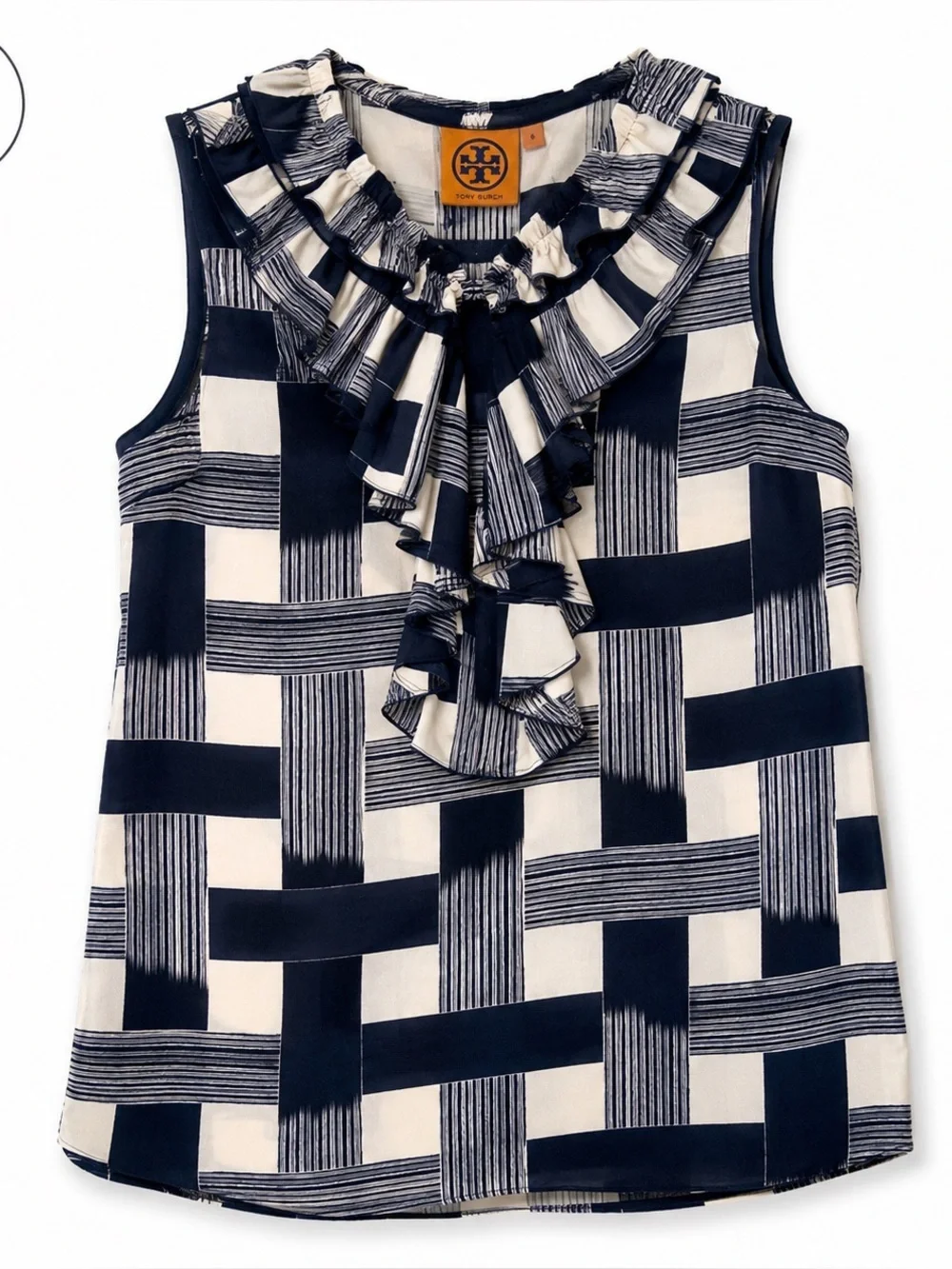 Tory Burch 100% Silk Ruffle Tie Neck Sleeveless Blouse Navy Ivory Size 6